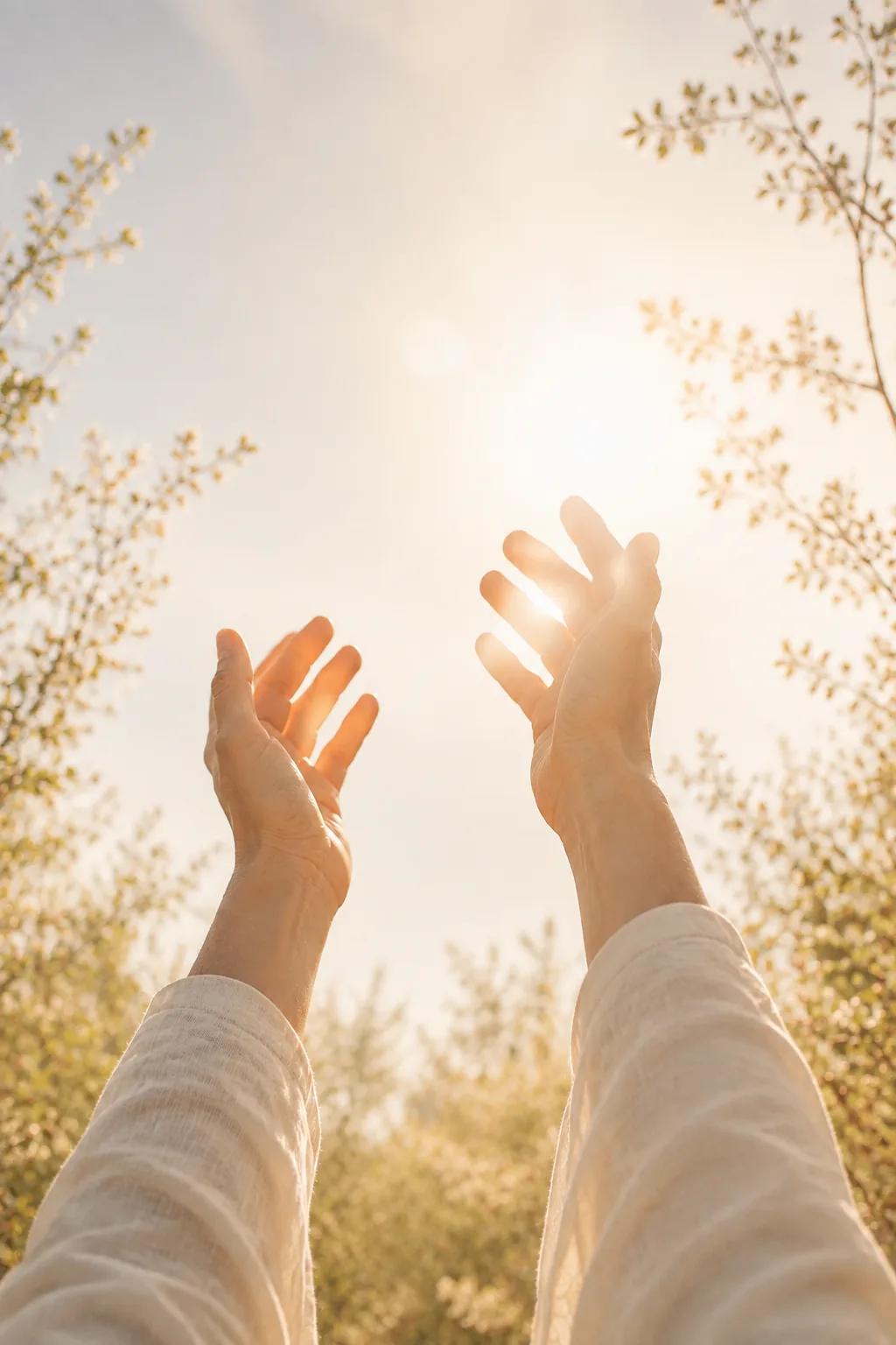 Zwei geöffnete Hände, die zwischen blühenden Zweigen der Sonne entgegengestreckt werden
